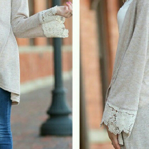 Ecru Oatmeal Open Front Lightweight Cardigan Lace Cuffs Feminine & Cute! Med - Picture 3 of 3